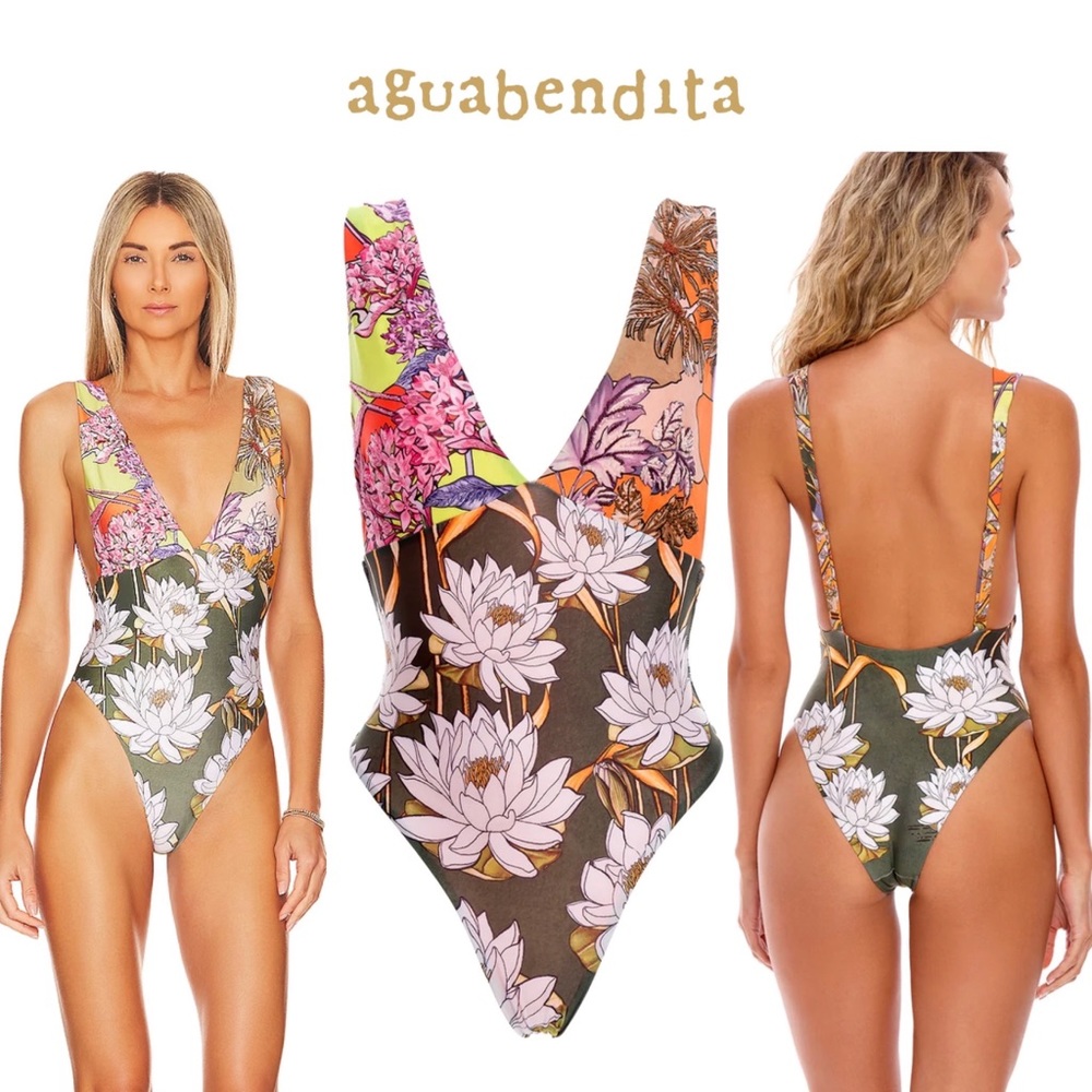 Agua Bendita Floral One Piece Swimsuit - Green and Pink NWOT